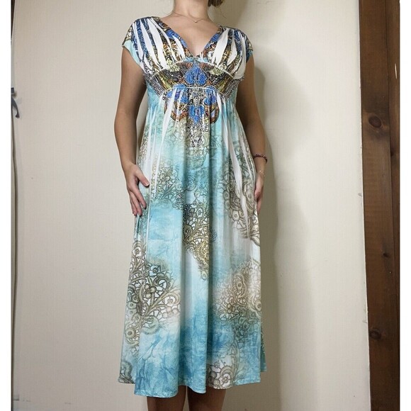 Cristina Love Rhinestone Mixed Pattern Country Teal Midi Dress Size Medium - Picture 1 of 14